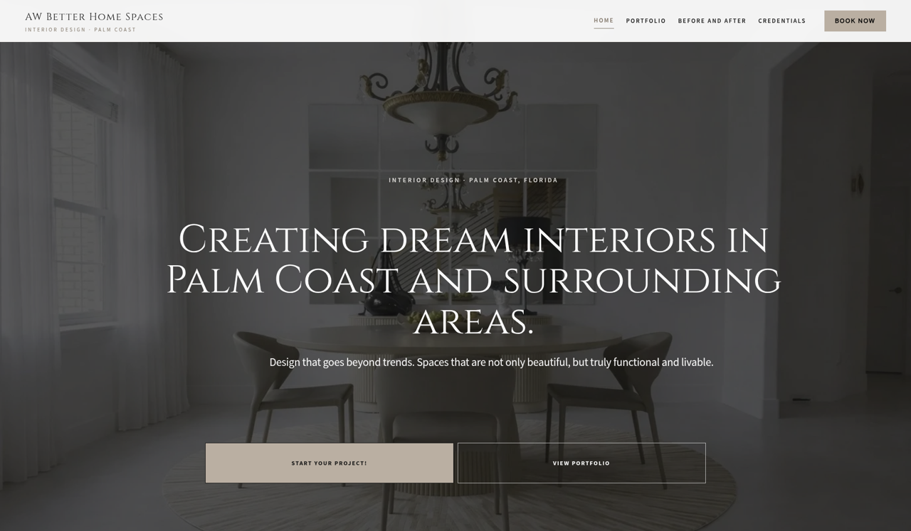 Home page of Anna's new AW Better Home Spaces website: a softly lit dining room under an interior design headline.